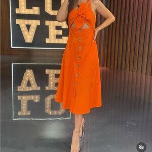 Catalina Flower Midi Orange Halter Neck Dress